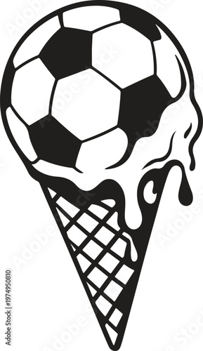 Melting Soccer Ball Ice Cream Cone Silhouette, Summer Sports Dessert Minimal Vector Design