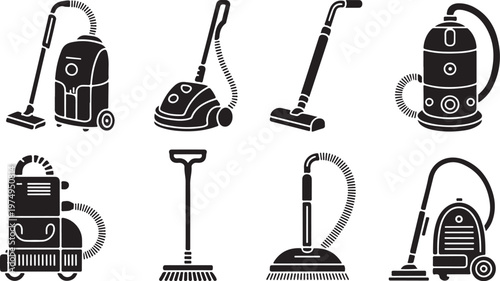 Set different styles black and white vacuum cleaners for house cleaning.