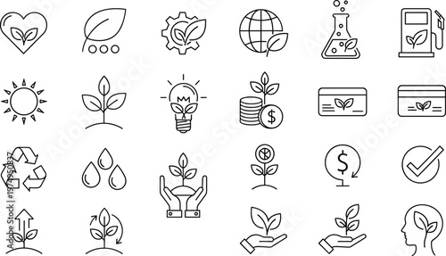 Eco sustainability line icons set with green energy recycling finance growth water conservation and environmental protection outline symbols collection