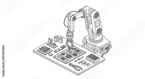 Industrial Robotic Arm Assembling Electronic Circuit Board, Isometric Illustration of Automation and High-Tech Manufacturing Process