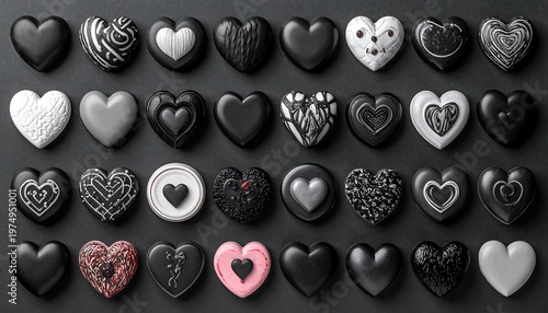 Rows of heart shapes, varying textures, displayed in a dark, monochromatic palette with soft shadows