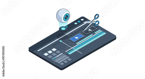 Isometric 3D Video Editing Interface with Eyeball Icon and Scissors on Tablet for AI Content Creation and Post-Production Concept