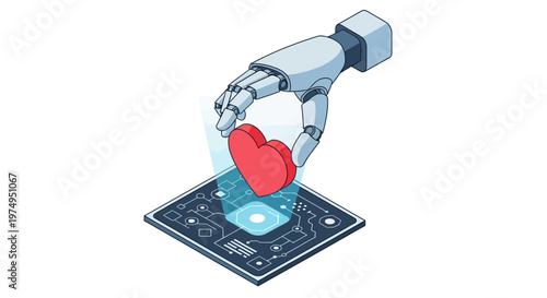 Isometric Robotic Hand Placing Heart on Circuit Board: AI Emotion, Artificial Intelligence Empathy, and Digital Health Technology Concept Illustration