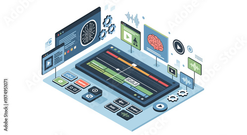 Artificial Intelligence Powered Video and Audio Editing Software with Timeline Interface and Neural Network Icons for Automated Content Creation