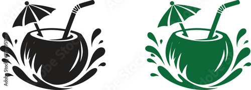 Coconut Drink with Splash and Umbrella, Tropical Summer Beverage Minimal Vector Design