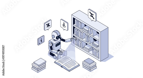 AI Robot Learning in Digital Library Isometric Illustration - Machine Learning and Data Processing Concept