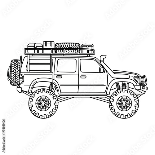 Line art illustration of a rugged off road vehicle with roof rack and spare tire
