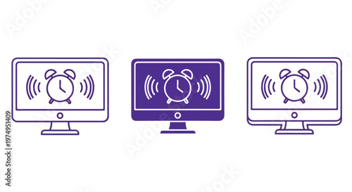 Three computer monitors displaying alarm clock notifications on screens