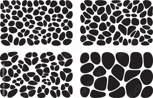 Natural stone paving patterns set with organic pebble masonry shapes.