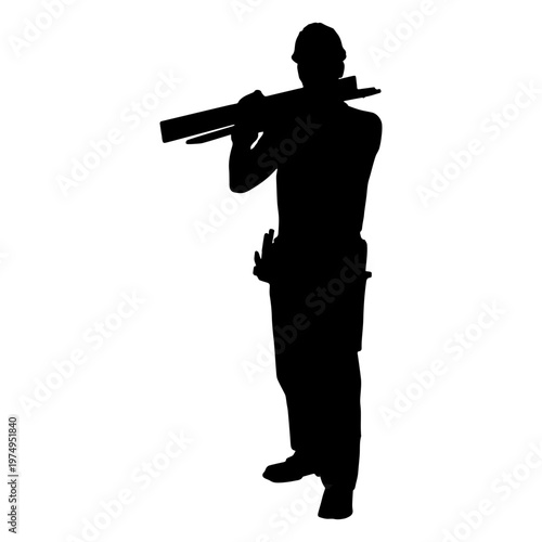 Construction worker lumber boards bringing silhouette