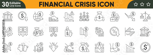 Financial crisis icons set. Editable stroke Banking, economy, recession, inflation, debt and market crash line vector collection for finance UI design.