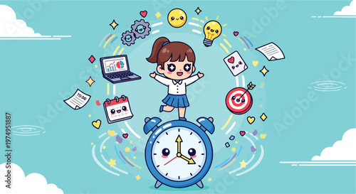 Cartoon girl overwhelmed by multitasking with clock, laptop, calendar, and social media icons swirling