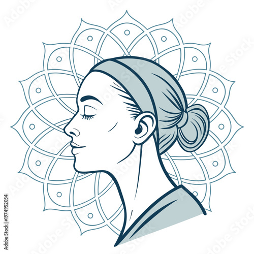 A serene illustration depicts a woman in profile with eyes closed set against a detailed floral mandala background high quality