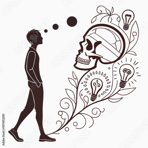 A silhouetted figure contemplates an open skull filled with glowing lightbulbs and botanical elements representing thought and creativity high quality
