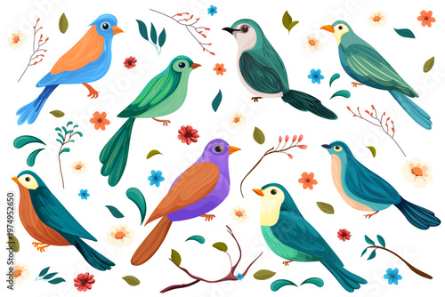 colorful collection of various birds. Clip art, stylized flowers, and botanical motifs. Perfect for scrapbooking, card making, or fabric crafts