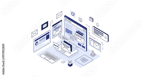 Isometric Digital Communication and Email Marketing Concept Illustration with Laptop and Screens
