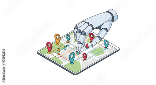 Robotic Hand Interacting with Digital Map on Tablet for Navigation and Automated Logistics Concept