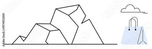 Outdoor adventure, minimalism, shopping, sustainability, branding, nature concepts. Abstract geometric mountain, cloud and shopping bag in clean minimalist lines. Adventure and minimalism