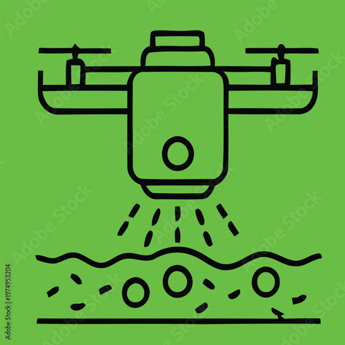 Simple line drawing of a drone spraying liquid over a wavy surface