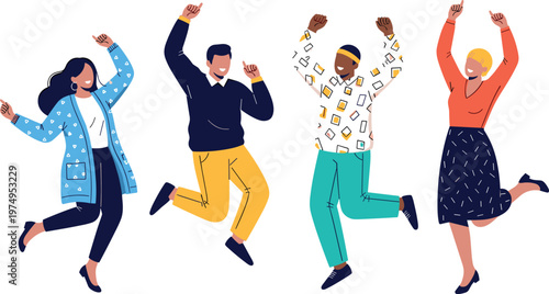 Illustration of Diverse Group of People Dancing and Celebrating, Joyful Moment in Colorful Outfits