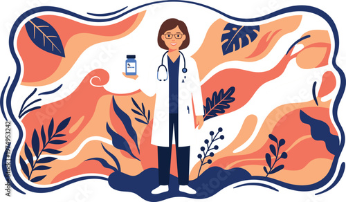 Female doctor holding medicine bottle surrounded by abstract organic shapes representing healthcare treatment pharmacy and modern medical concept illustration