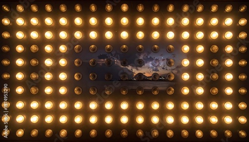 Rows of lightbulbs illuminate the darkness, revealing a cloudy dusk landscape at its center