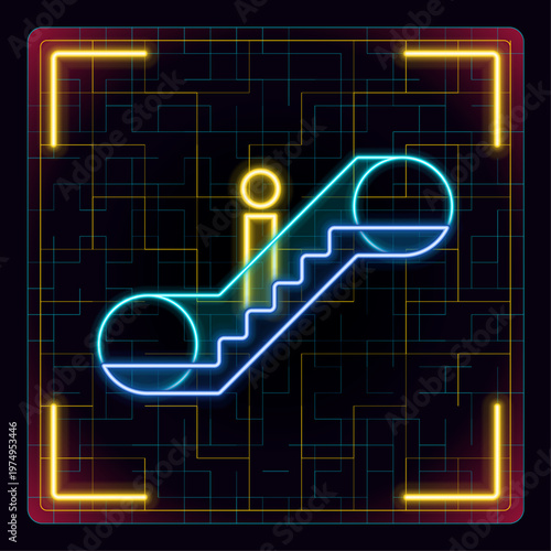 Person riding an escalator staircase icon. Cyber neon futuristic editable stroke icon.