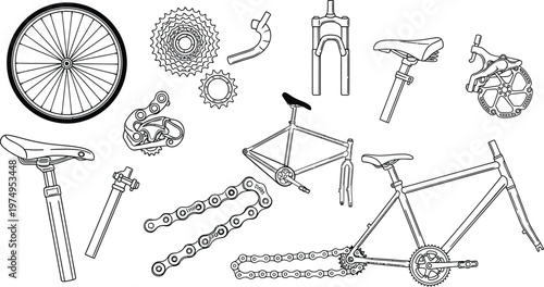 Vintage bicycle parts sketch collection a detailed mechanical illustration