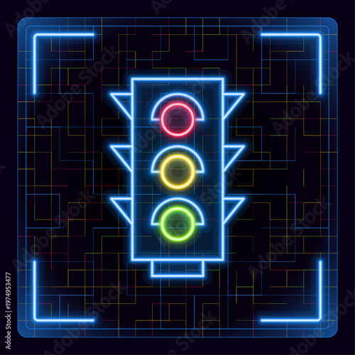 Traffic lights with red, yellow and green color, semaphore symbol. Futuristic tech editable glowing illustration.