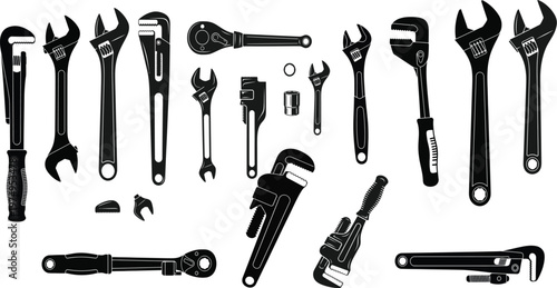 Collection of black and white hand tools wrenches pliers and more
