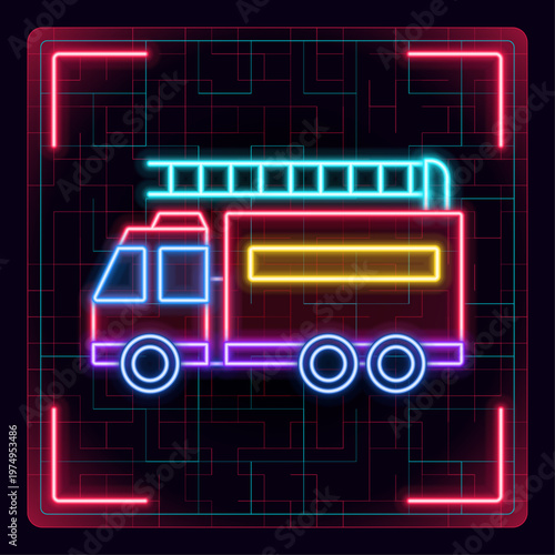 Fire truck icon illustration, emergency rescue services, firefighting vehicle symbol. Futuristic tech editable glowing illustration.