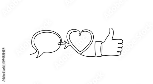 a hand forming a thumbs up with a heart and speech bubble.