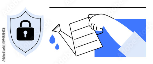 Data security, cybersecurity, digital protection, growth strategies, technology advancement, innovation. Shield with a lock and watering can nurturing progress. Data security and growth strategies