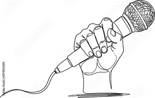 Hand holding wired microphone line art illustration symbolizing speech performance communication music podcast and public speaking concept