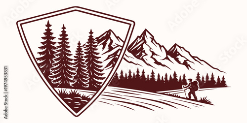 A vector graphic illustration of a hiker in a mountainous landscape with a shield logo featuring trees and mountains