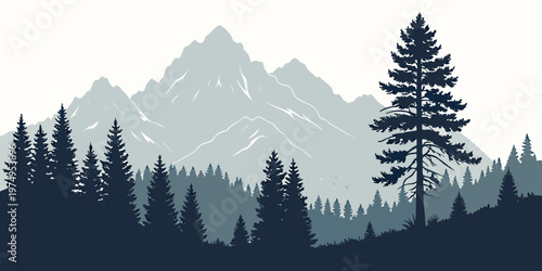 A minimalist vector graphic illustration of a mountain landscape with pine trees in a flat design style