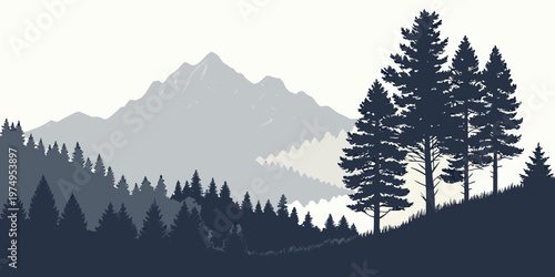A minimalist vector graphic illustration of a mountain landscape with trees in silhouette