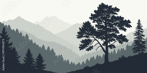 A serene vector graphic illustration of a tree silhouetted against a mountainous landscape with a subtle gradient background