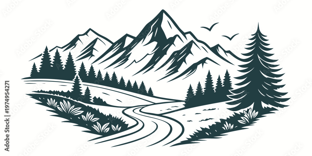 Obraz premium A serene mountain landscape illustration with a winding road and trees in a minimalist style