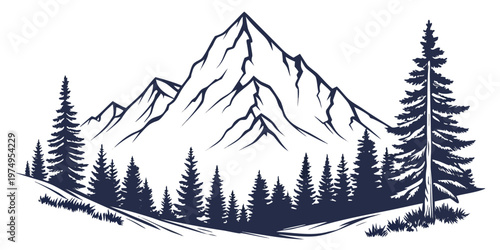 A minimalist vector graphic illustration of a mountain range with pine trees in a flat design style