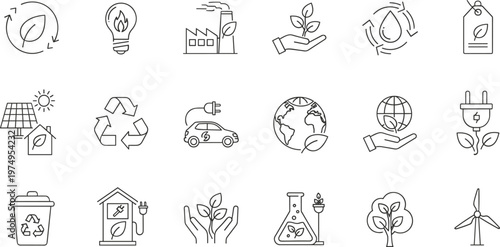 Eco sustainability line icons set with renewable energy recycling electric car plant care and environmental protection outline symbols collection