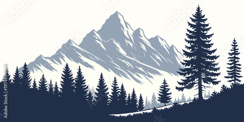 A minimalist vector graphic illustration of a mountain range with pine trees in a flat design style