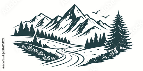 A serene mountain landscape illustration with a winding road and trees in a minimalist style