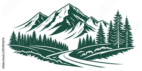 A minimalist vector illustration of a winding road leading to snow-capped mountains surrounded by evergreen trees