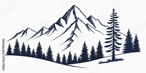 A minimalist vector graphic illustration of a mountain range with pine trees in a flat design style