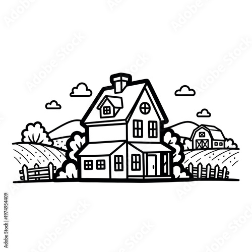 Title charming farmhouse illustration a black and white countryside scene description a detailed black and white drawing depicts a classic farmhouse with