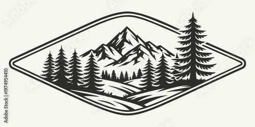 A minimalist vector graphic illustration of a mountain landscape with pine trees in a black and white design