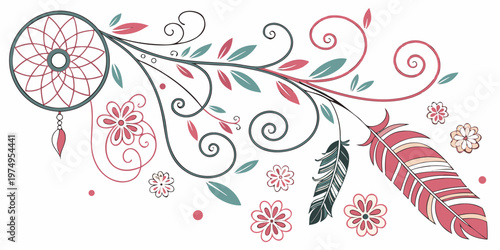 A colorful dreamcatcher illustration with feathers and flowers on a white background