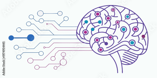 A vector graphic illustration of a brain with circuit board connections representing artificial intelligence and technology