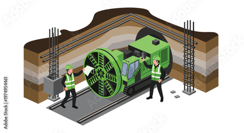 Professional engineers wearing green safety vests supervise the operation of a massive green tunnel boring machine deep within a layered underground site.